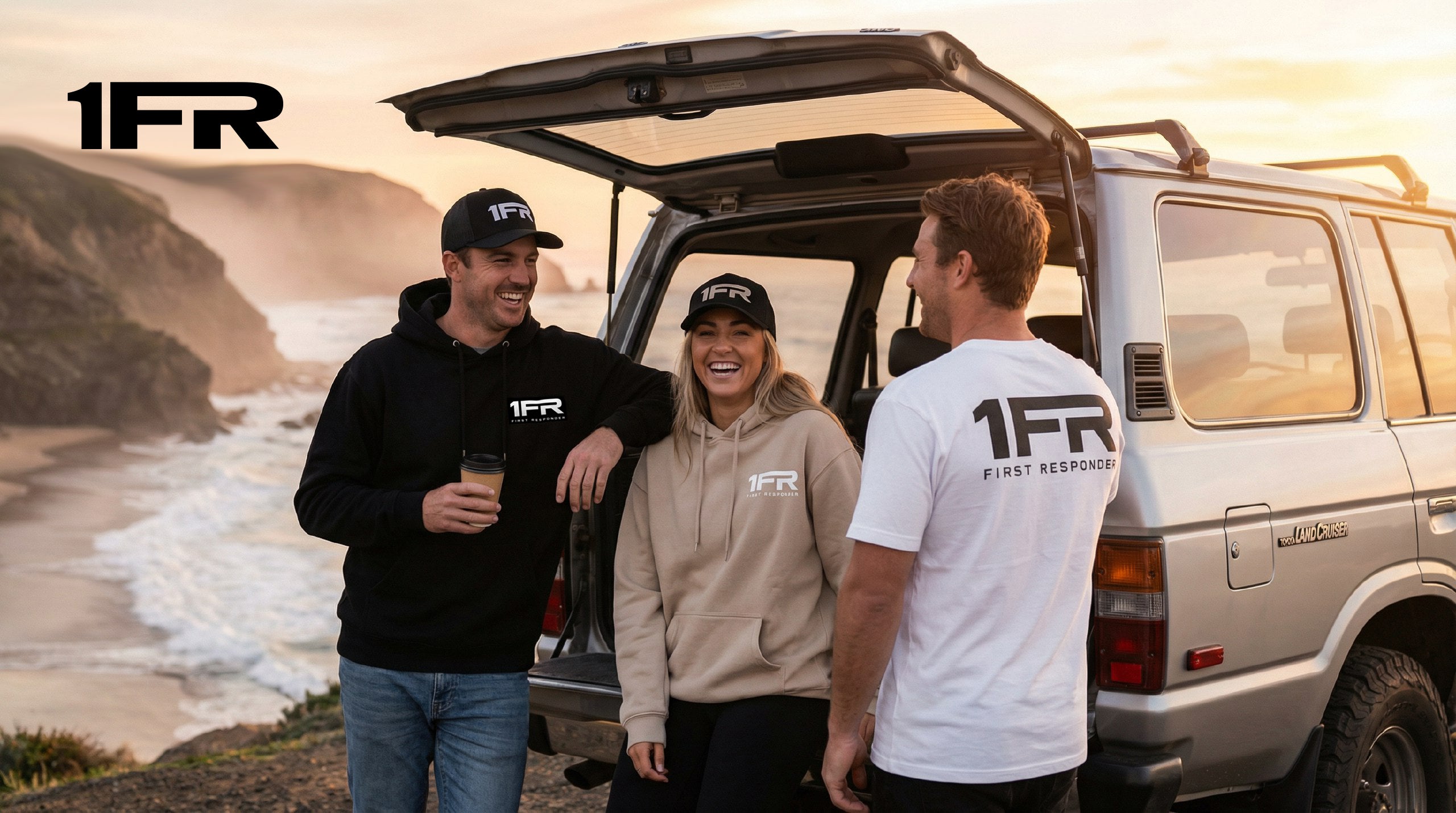 First responders wearing 1FR apparel off-duty at the beach